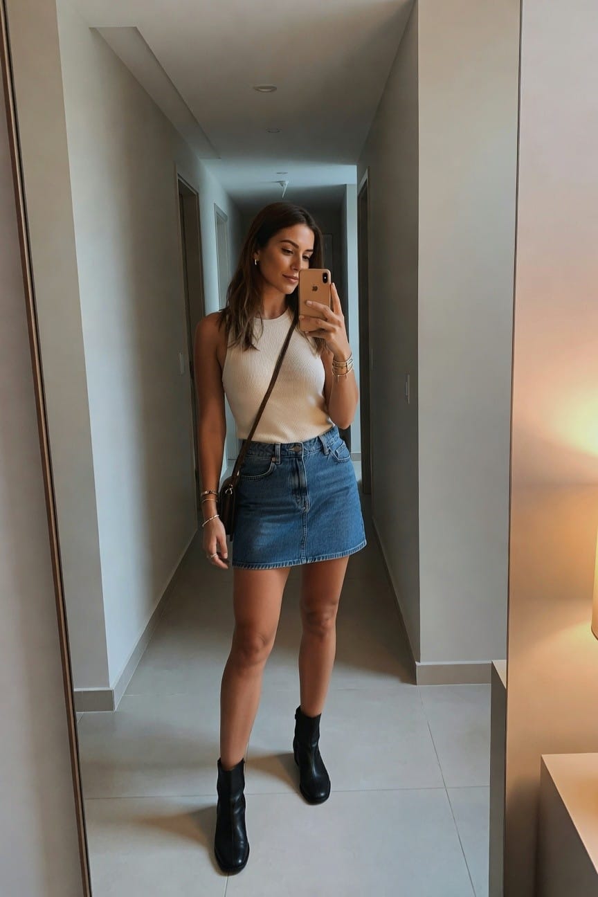 Woman in beige top and denim skirt taking a mirror selfie.
