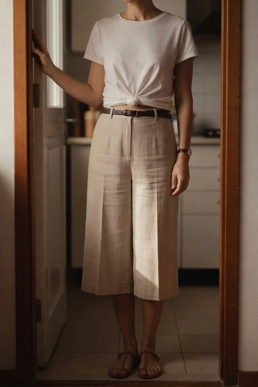 Woman in white knotted tee and beige linen culottes standing in doorway.