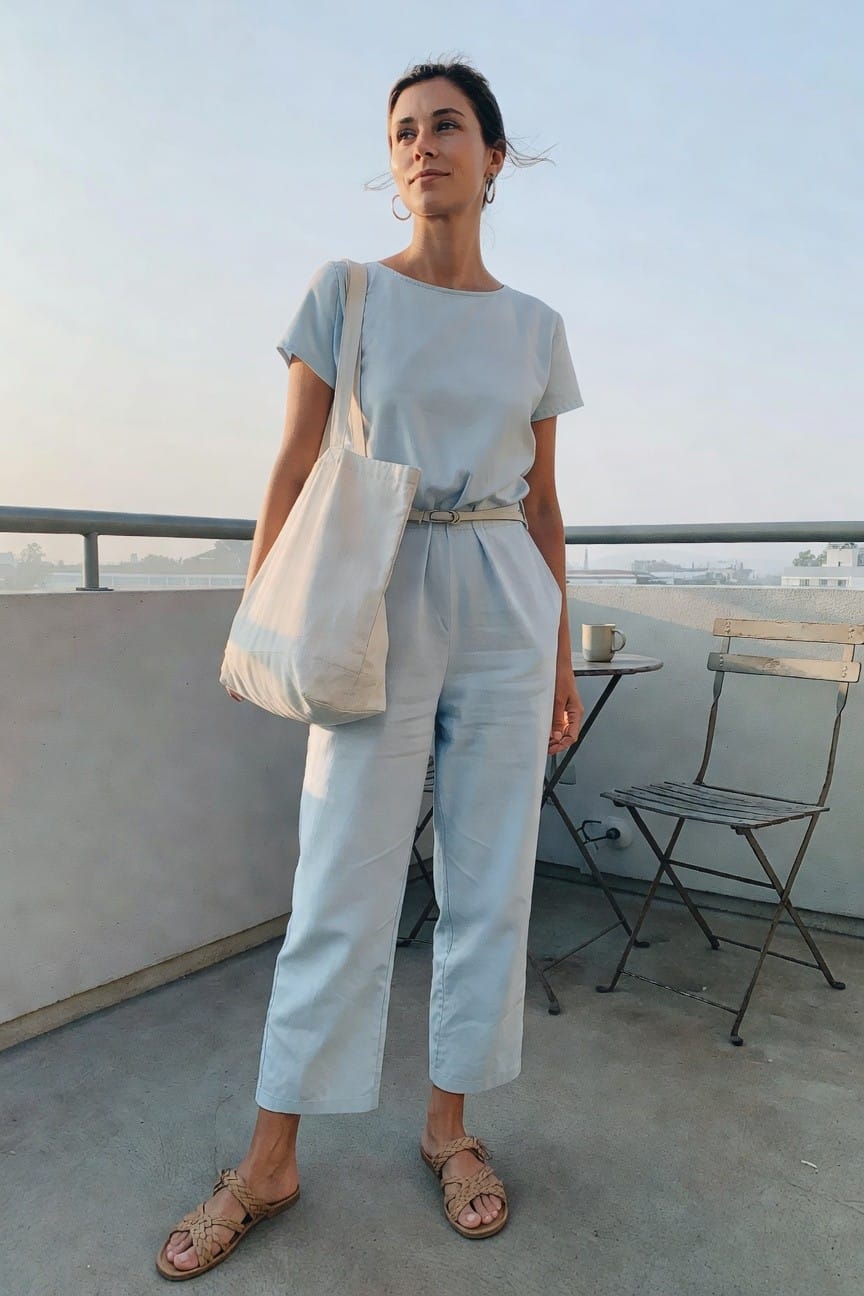 Woman in light blue outfit with canvas tote on rooftop.