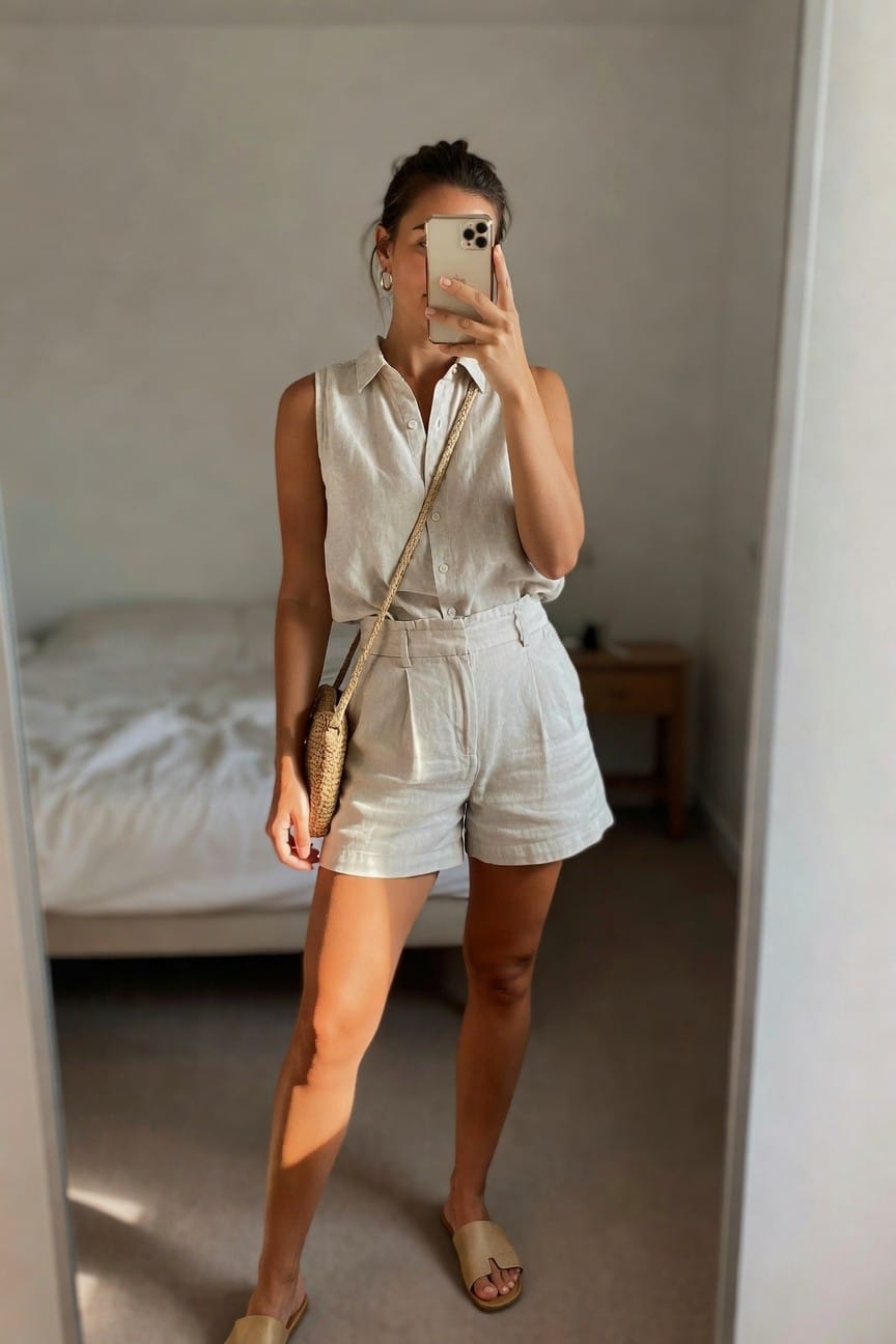 Woman in light beige linen outfit taking a mirror selfie with woven bag.