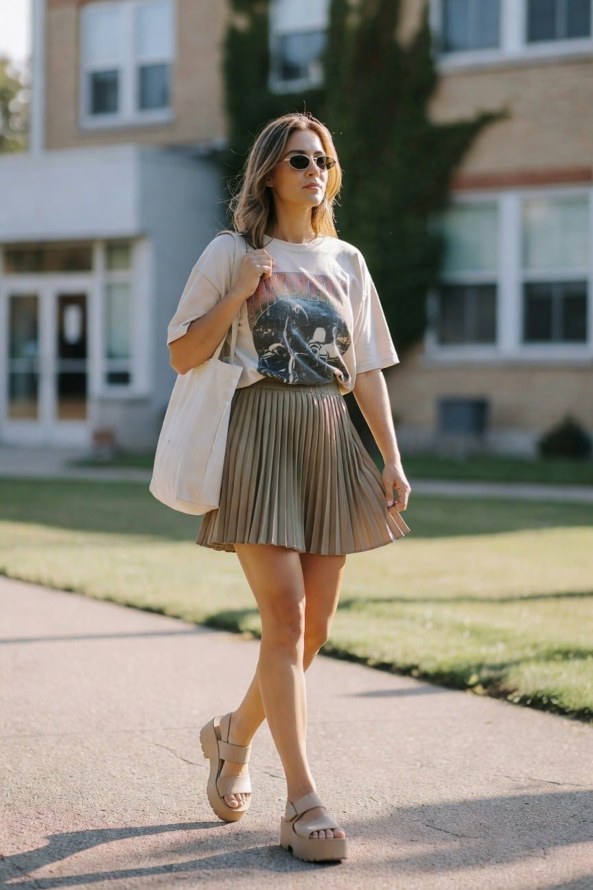 Woman in beige pleated skirt and graphic tee carrying a tote bag.