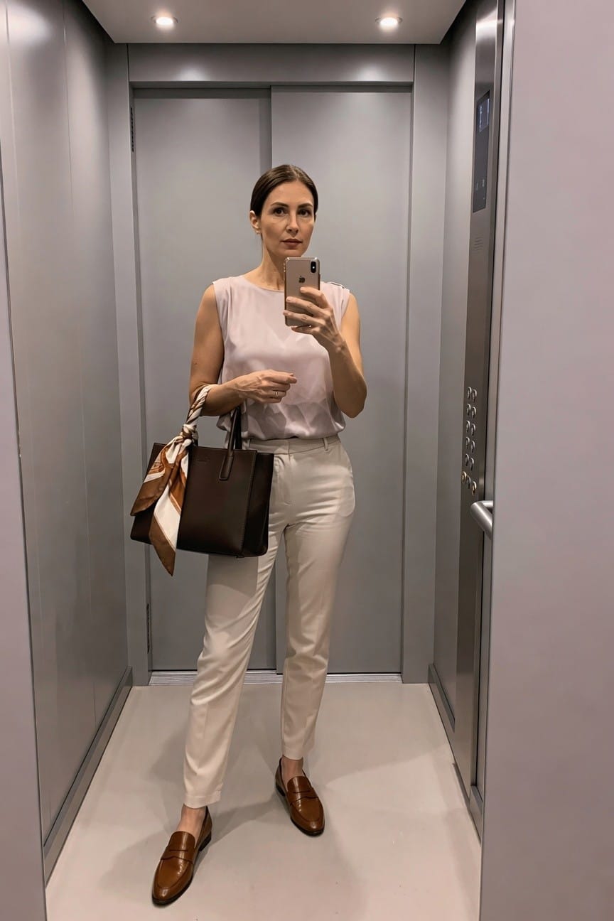 Woman in white outfit taking mirror selfie in elevator with brown handbag.