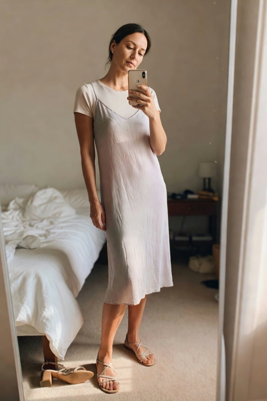 Woman in light pink slip dress taking mirror selfie in bedroom.
