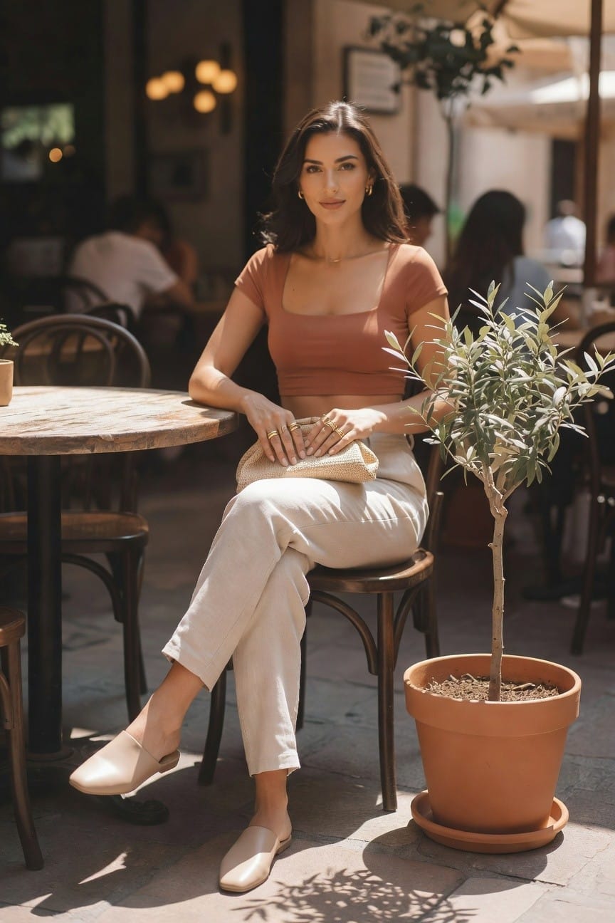 Woman in terracotta crop top and beige pants sits at outdoor café table.
