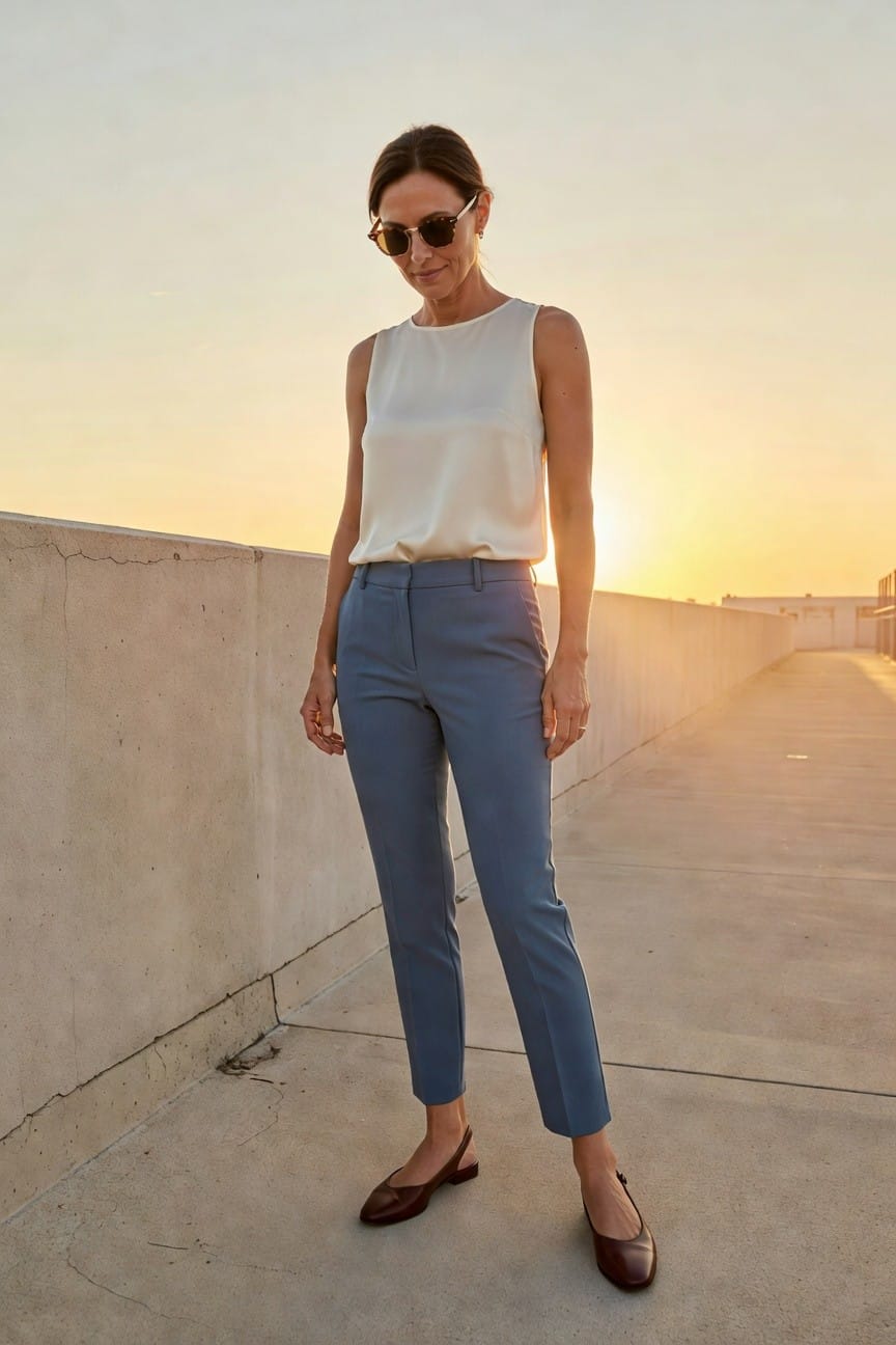 Woman in white sleeveless top and blue pants at sunset.