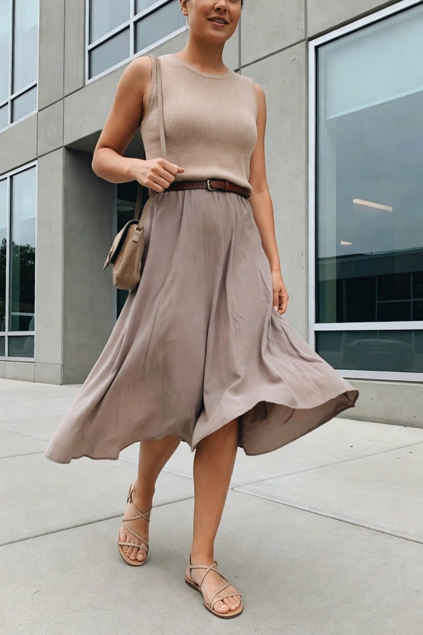 Woman in beige top and flowing taupe midi skirt with sandals and crossbody bag.