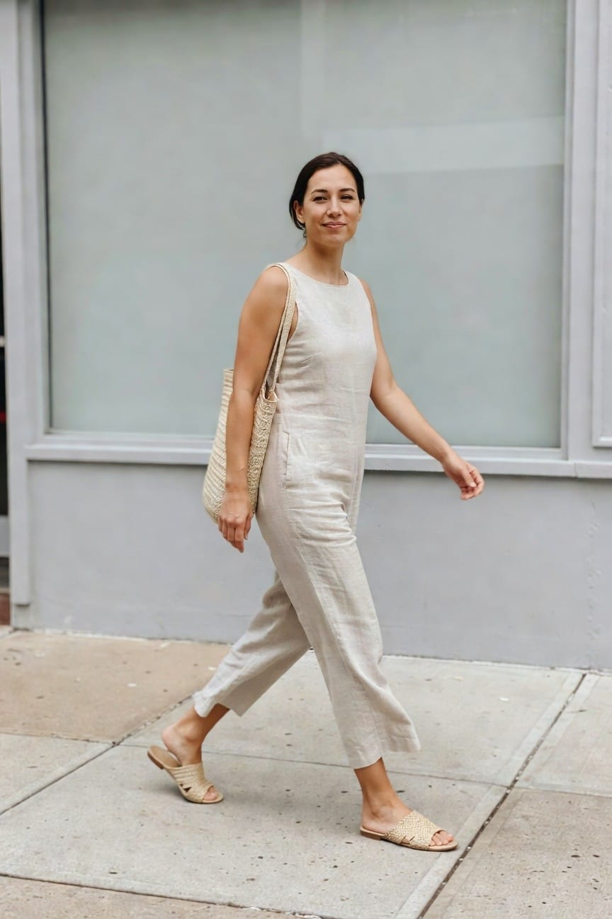Woman in beige linen jumpsuit walking on sidewalk with woven tote bag.