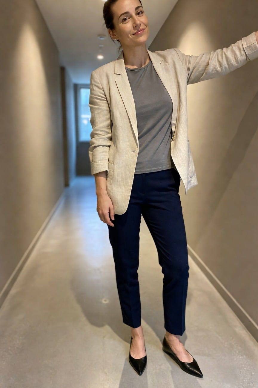Woman in beige blazer and navy pants posing in hallway.