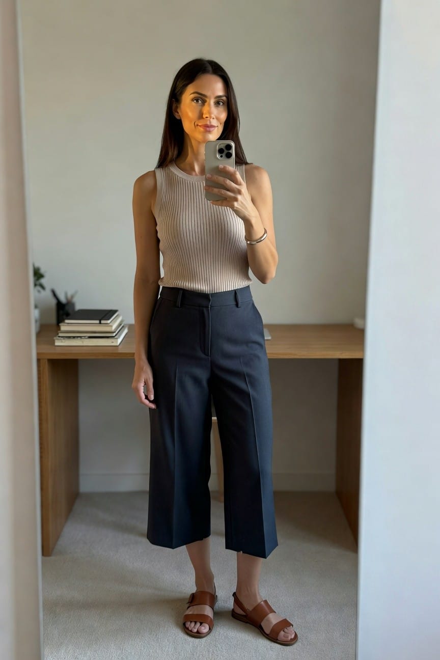 Woman in beige sleeveless ribbed knit tank top, navy pleated cropped wide-leg trousers, and brown leather sandals holding a phone for a mirror selfie in an office space.