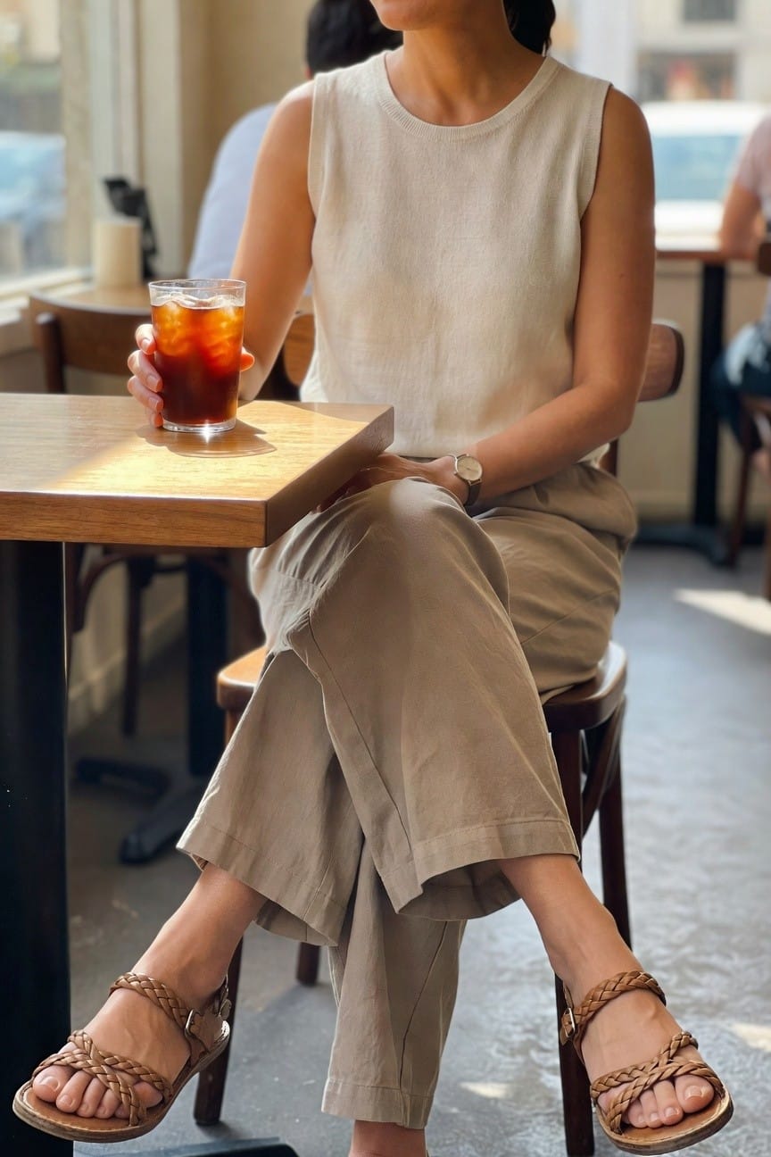 Woman in beige outfit with iced coffee at wooden cafe table.