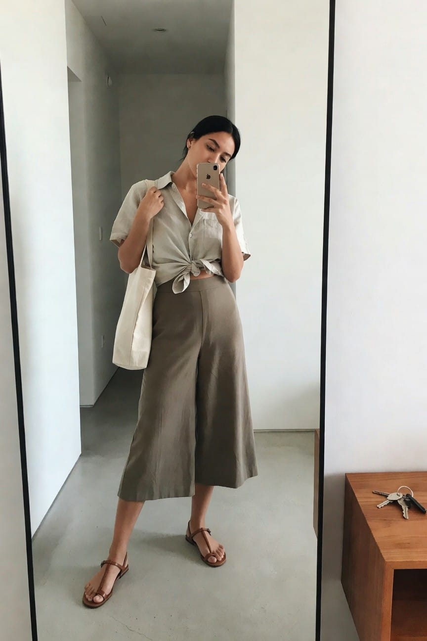 Woman in a light sage short sleeve button up shirt tied at the waist with wide cropped olive pants, brown sandals, and a cream tote bag, taking a mirror selfie.