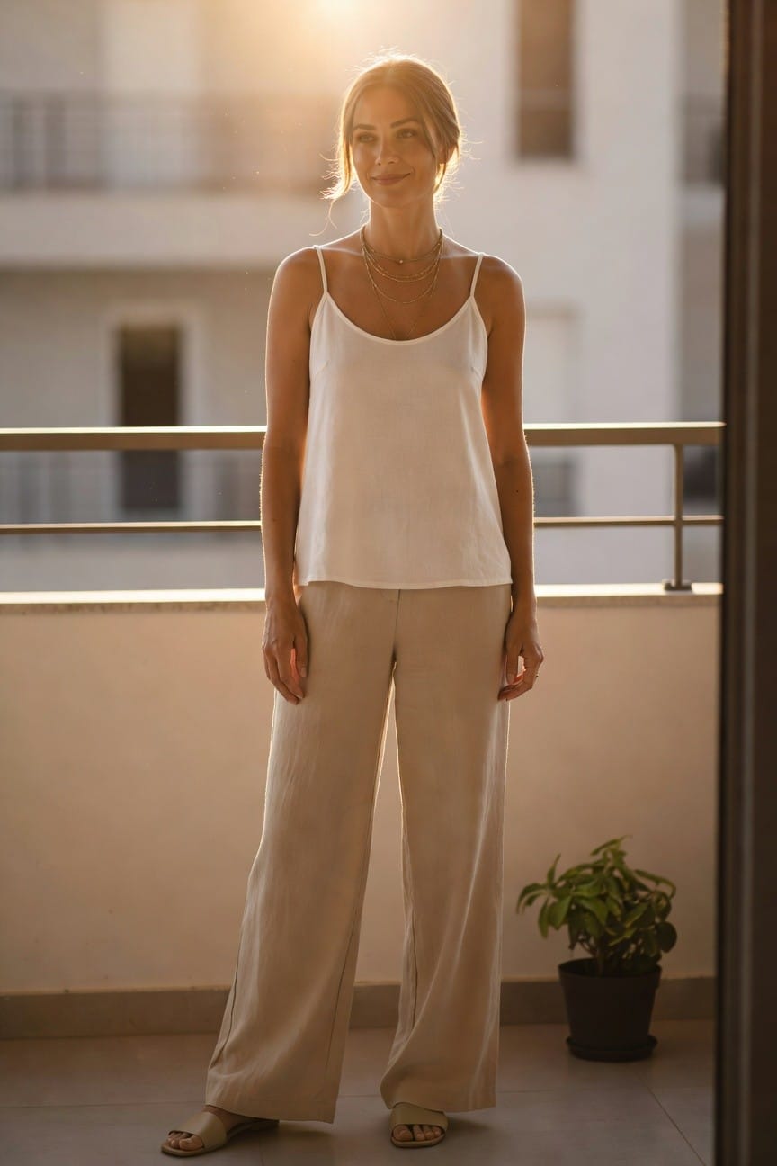 Woman in white top and beige pants on sunlit balcony.