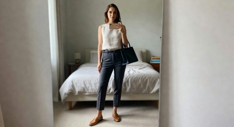 A woman stands in front of a mirror, wearing a sleeveless white top, tailored dark pants, and loafers, holding a black tote bag in a softly lit bedroom.