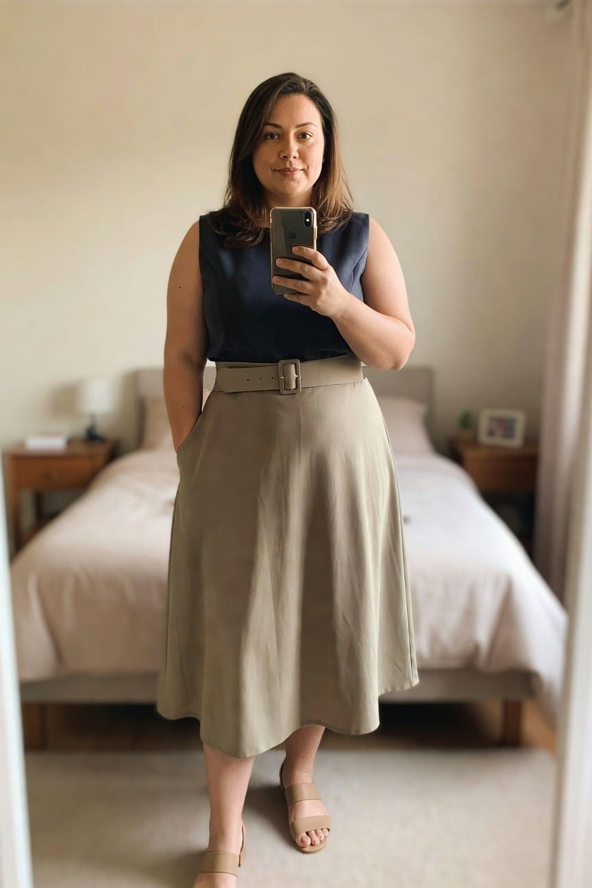 Woman in navy top and beige skirt taking bedroom mirror selfie.