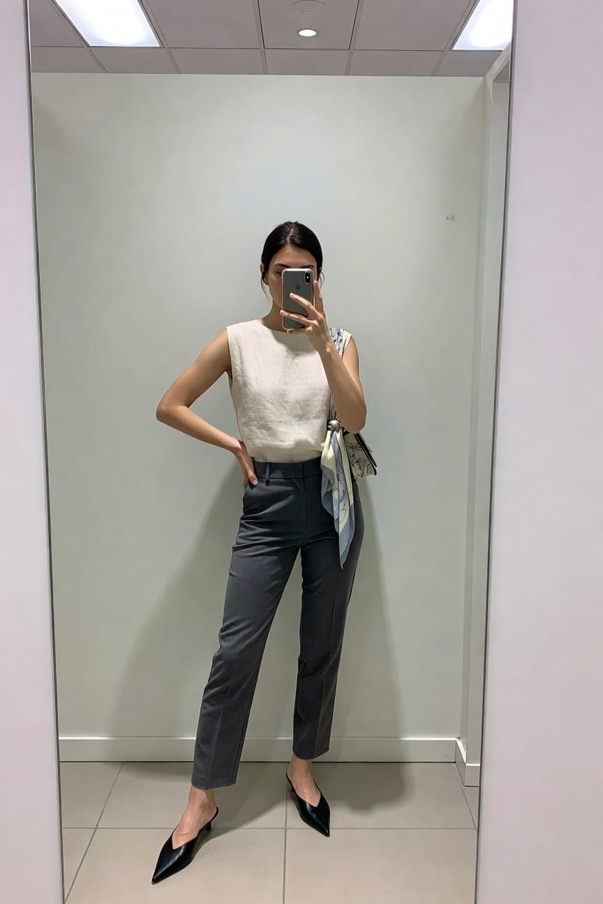 Woman in cream top and gray trousers taking mirror selfie with phone.