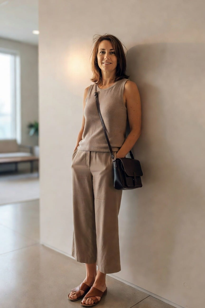 Woman in cream sleeveless knit tank, beige linen wide-leg cropped pants, brown crossbody bag and matching sandals.