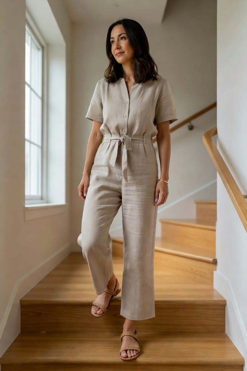 Woman in beige linen jumpsuit standing on wooden staircase indoors.