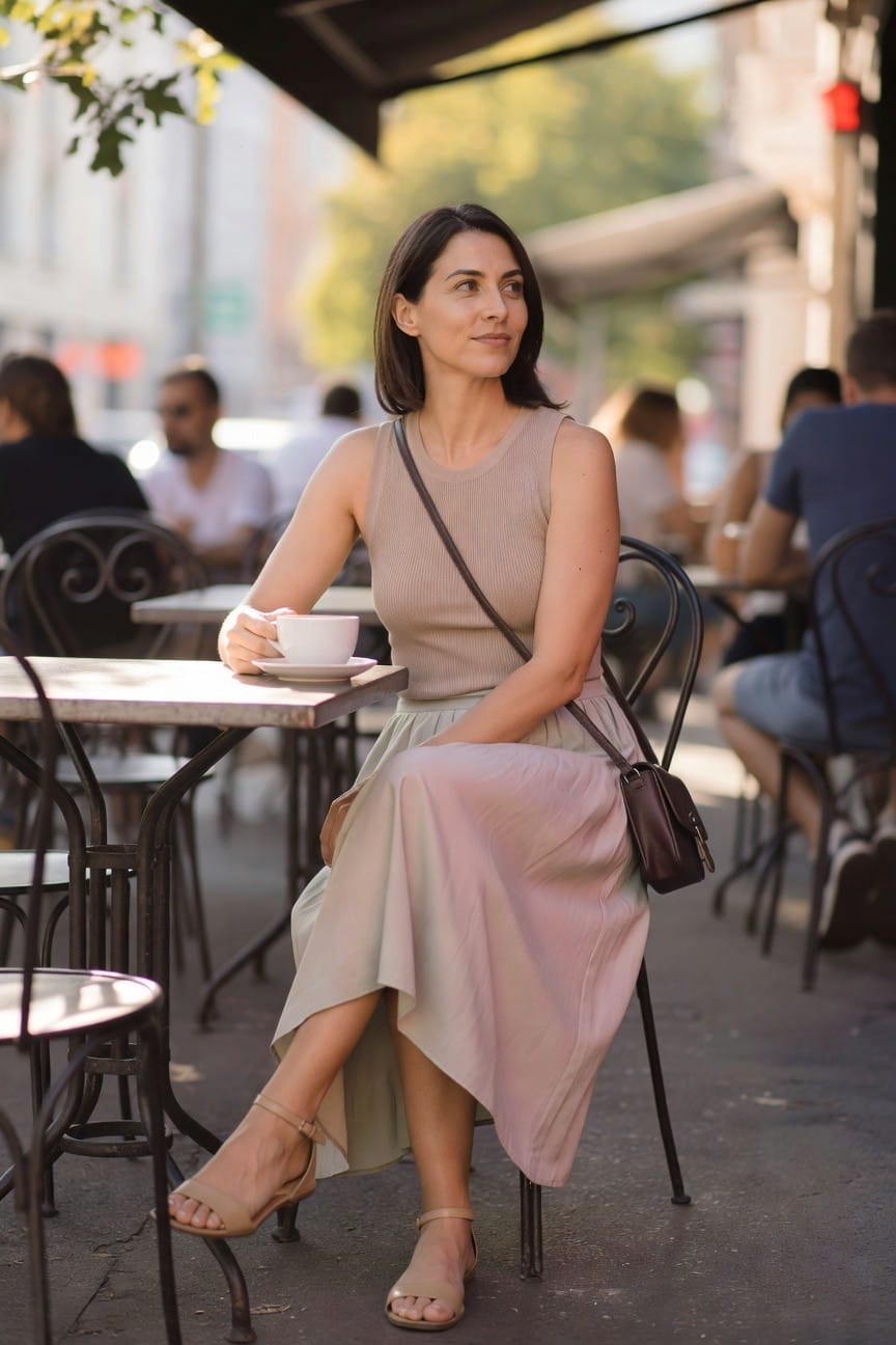 Woman in beige top and pink skirt holding coffee at outdoor café.