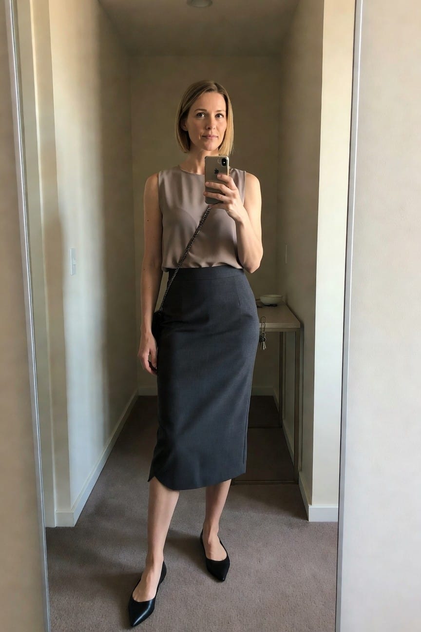 Woman in cream sleeveless blouse and dark gray midi skirt with front slit wearing beige flats and holding a phone with silver chain bag strap across her body