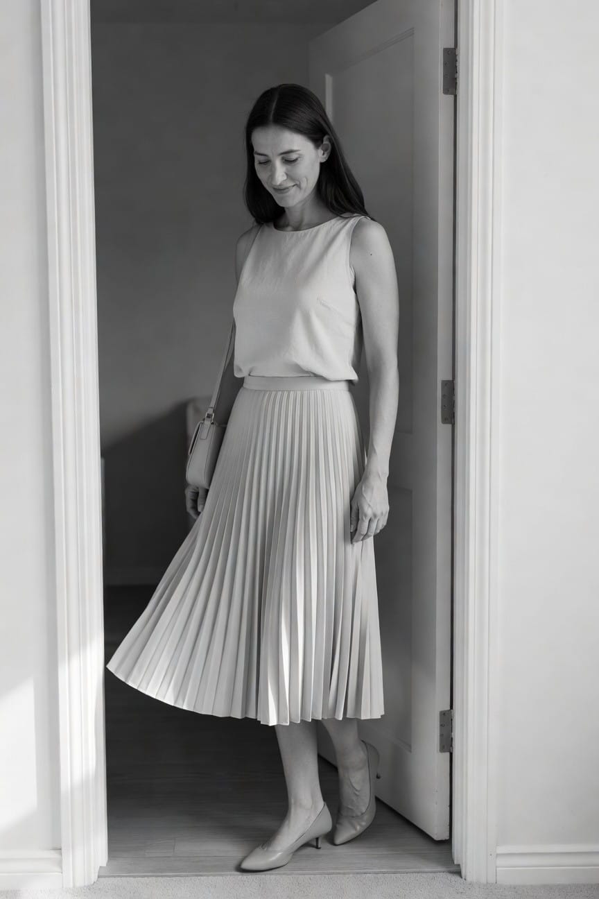 Woman in pleated midi skirt and sleeveless top stands in doorway.