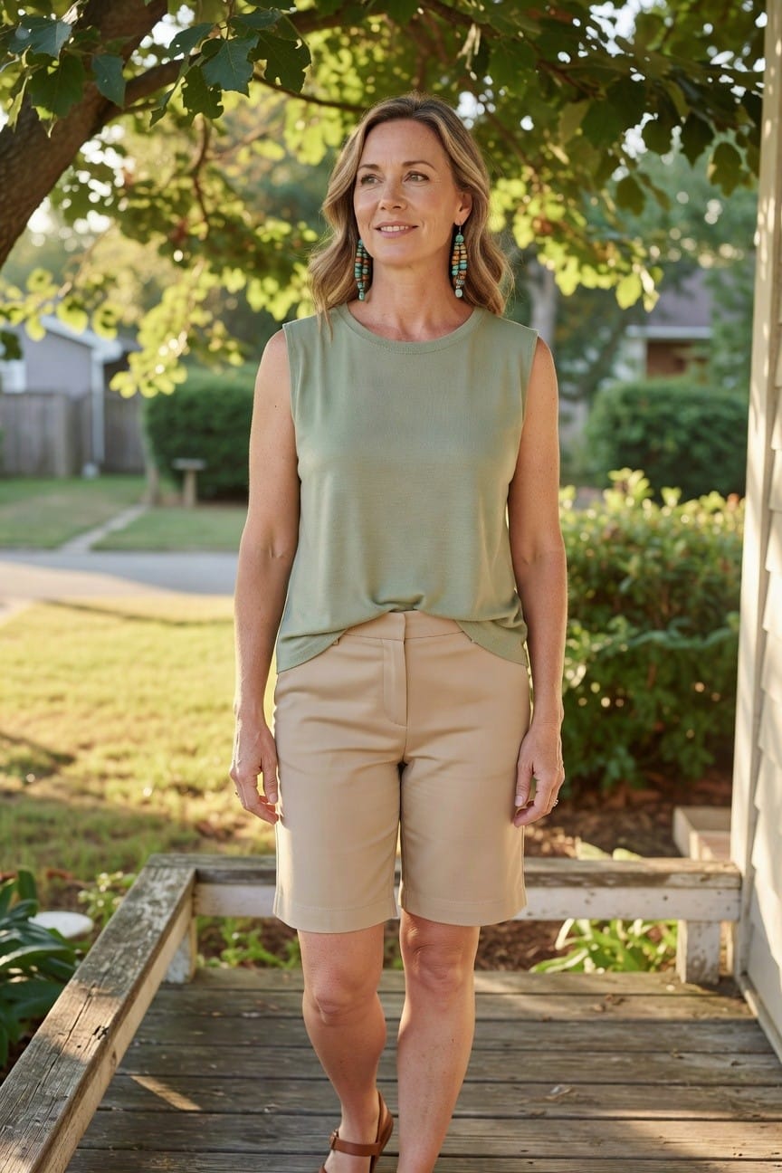 Woman in green sleeveless top and beige shorts standing on wooden porch.