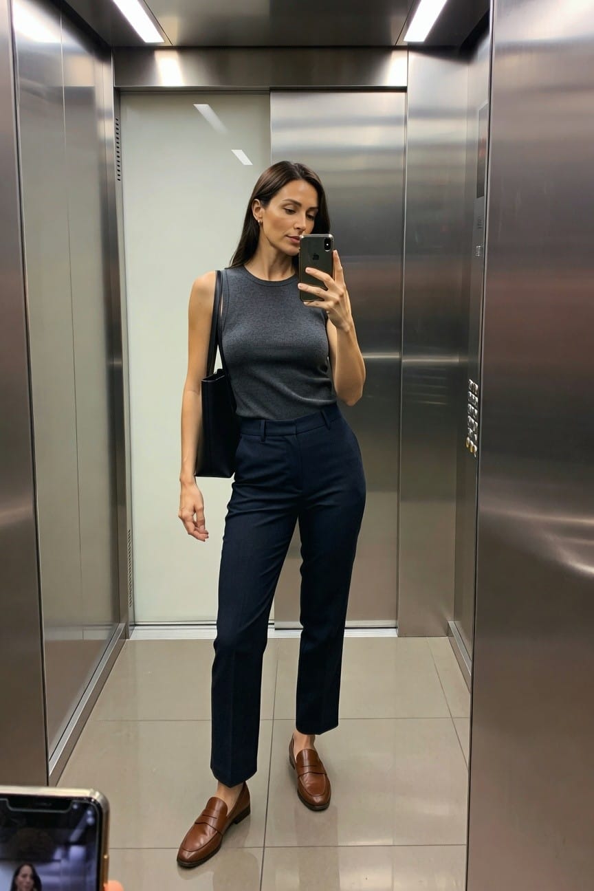 Navy Trousers With A Gray Knit Tank