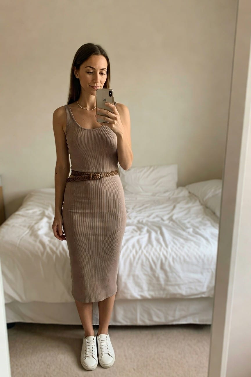 Ribbed Knit Midi Dress With Belt And Sneakers