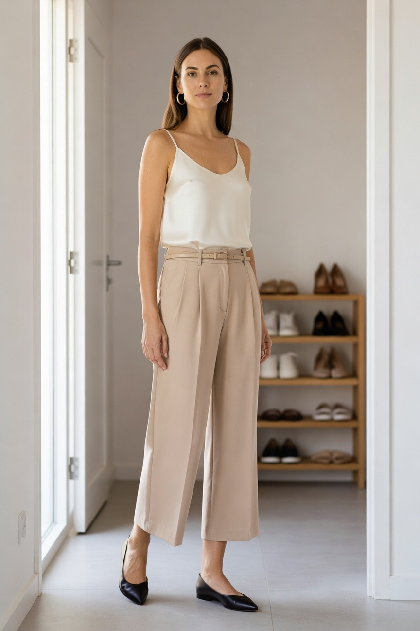 White Camisole With Beige Wide Leg Pants