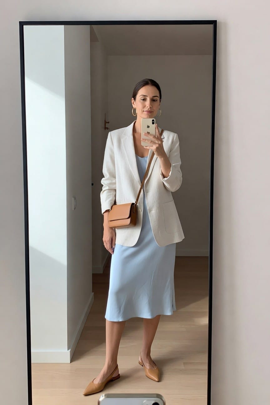 White Blazer Layered Over Blue Slip Dress