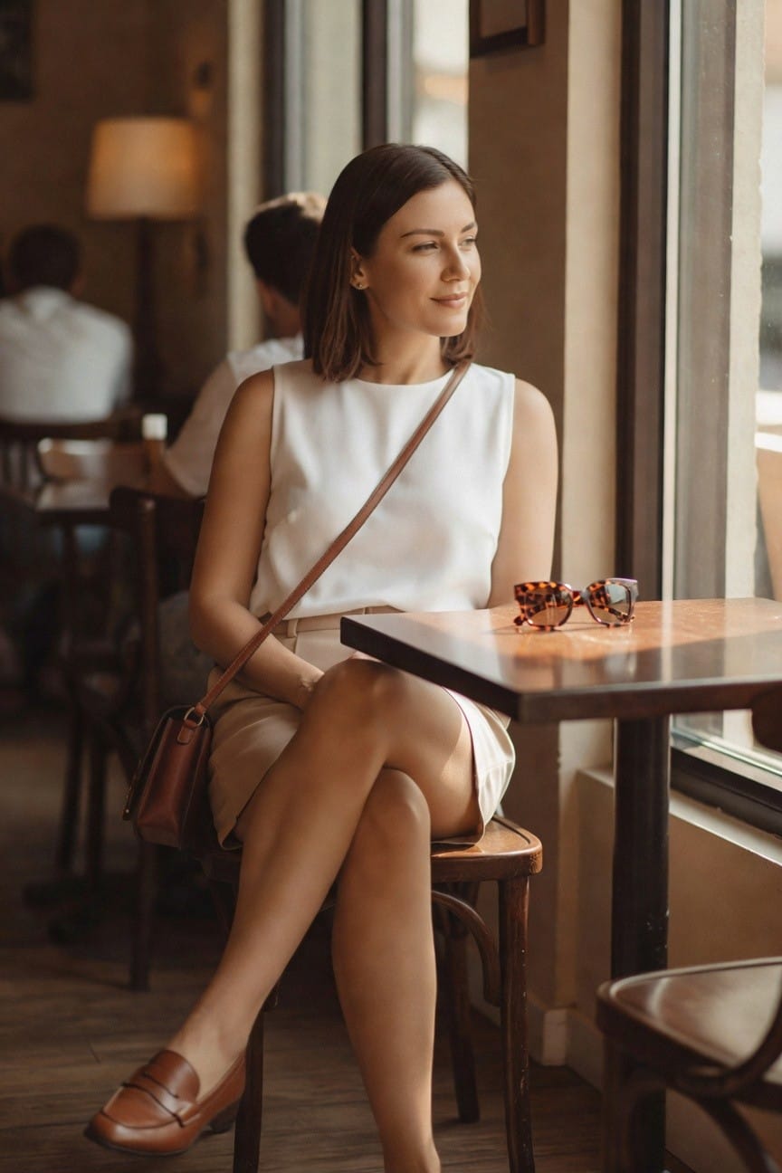 Woman in a white sleeveless top tucked into a beige midi skirt wearing brown loafers and carrying a brown leather crossbody bag with tortoiseshell sunglasses resting on the table.