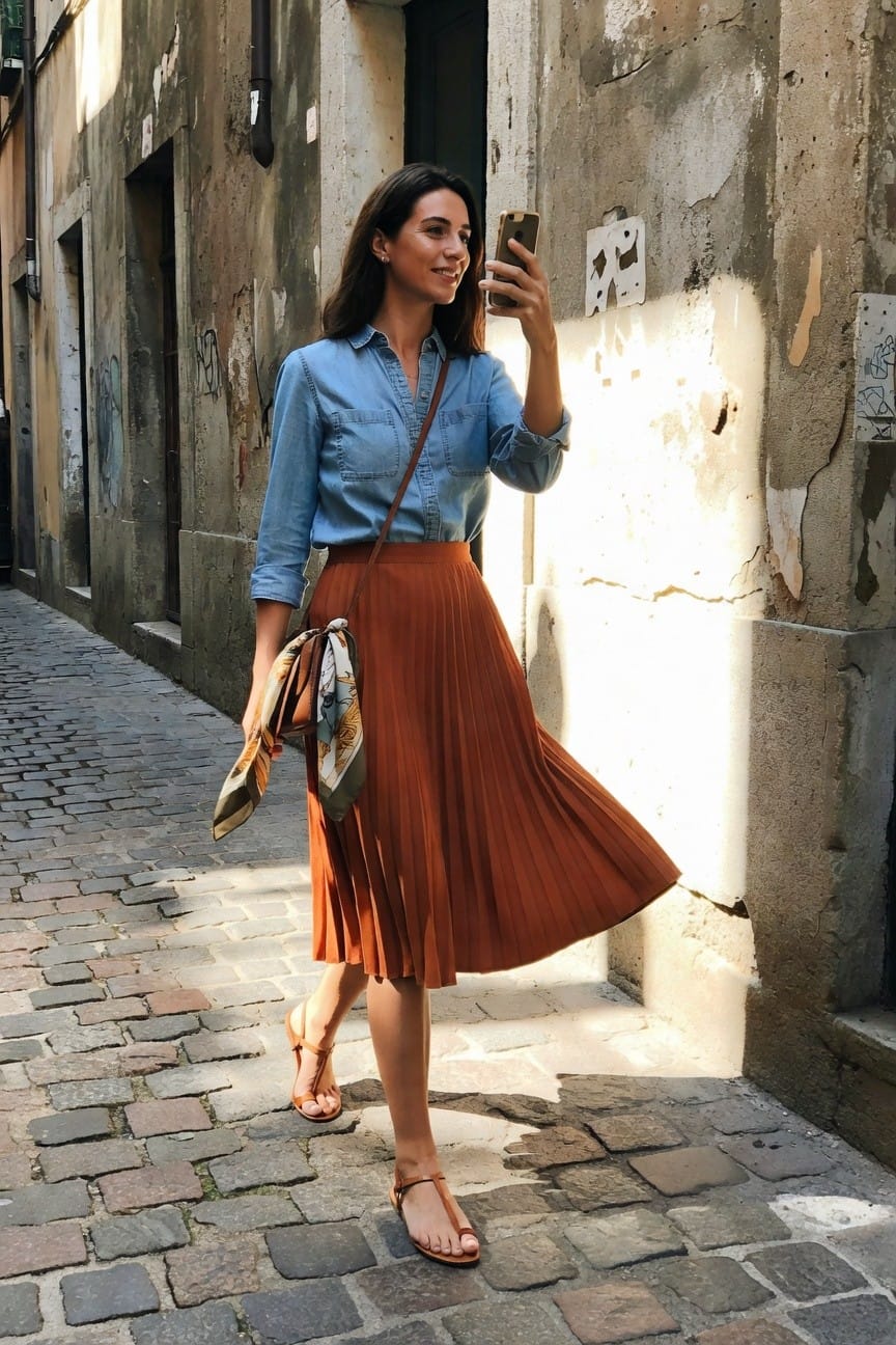 Denim Shirt And Pleated Skirt