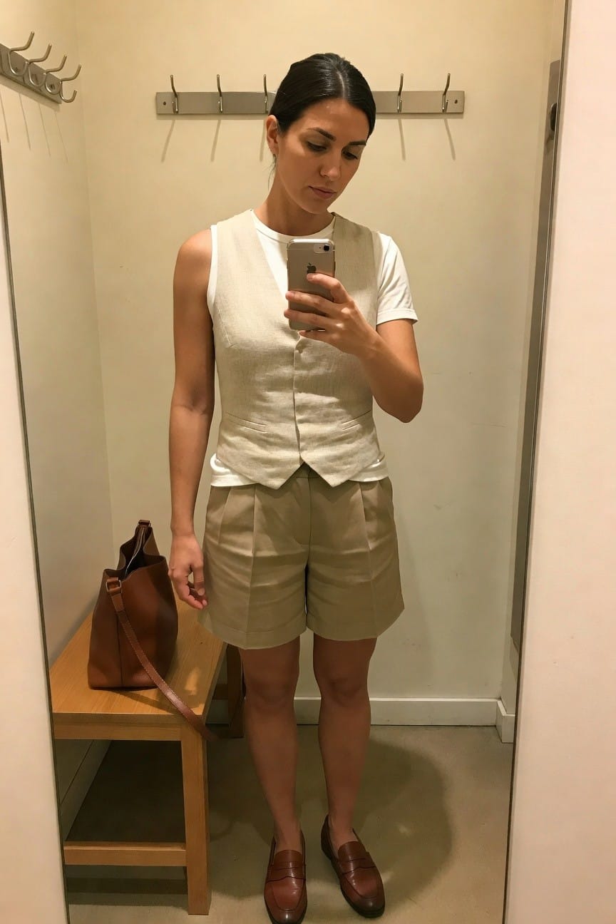 Woman taking a mirror selfie while wearing a beige linen vest over a white short sleeve tee, paired with matching pleated shorts, brown loafers and a brown leather tote nearby.