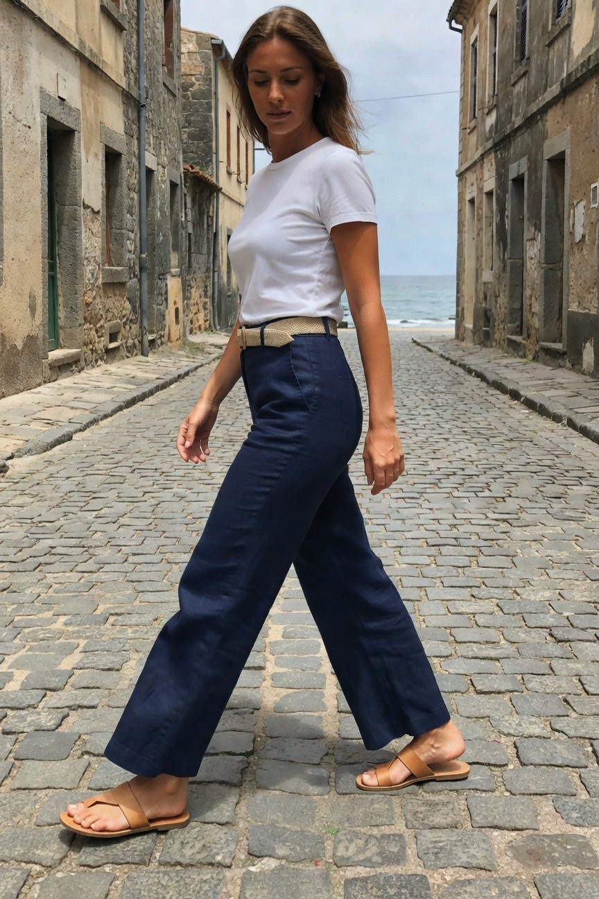 White Tee And Navy Wide Leg Pants
