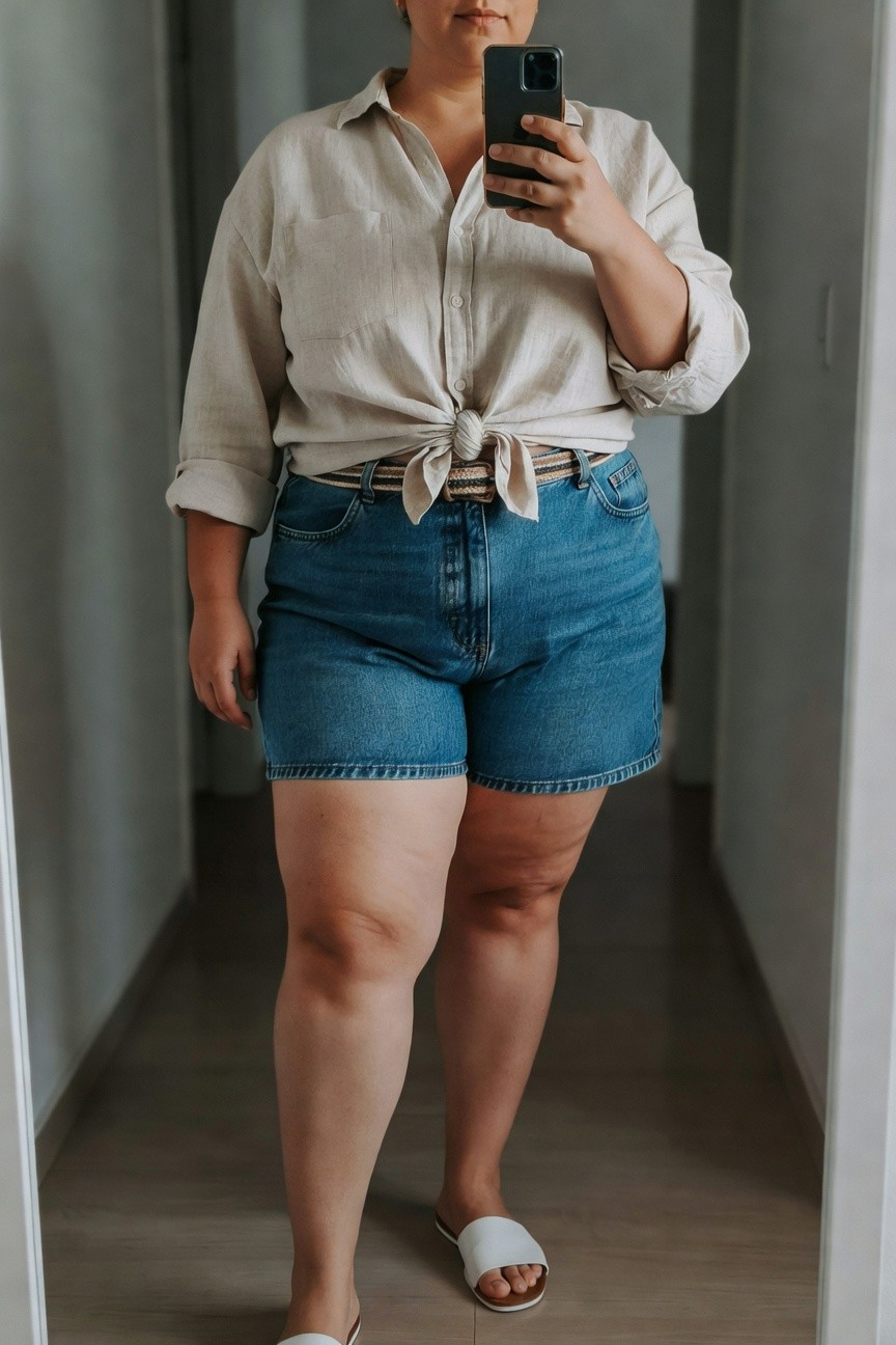 Woman in beige tied shirt and blue denim shorts taking mirror selfie.