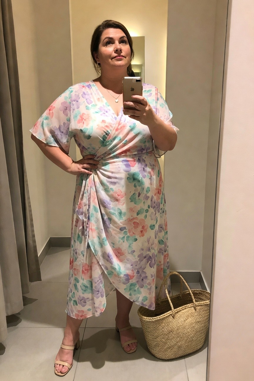 Woman in floral wrap dress taking a mirror selfie with woven bag.