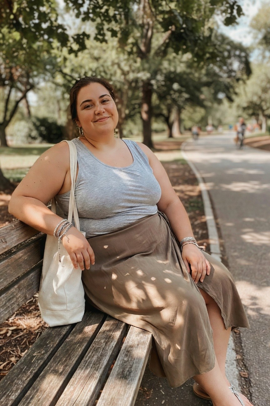 Woman in gray tank top and brown skirt sitting on wooden park bench.