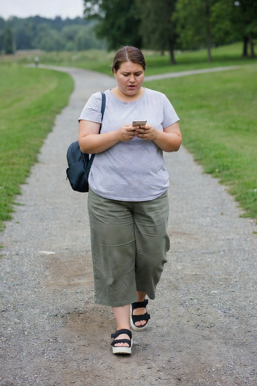Woman in gray shirt and green pants walking on gravel path while using phone.