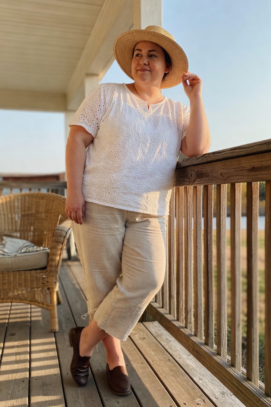 Woman in white eyelet top and beige pants on wooden deck.