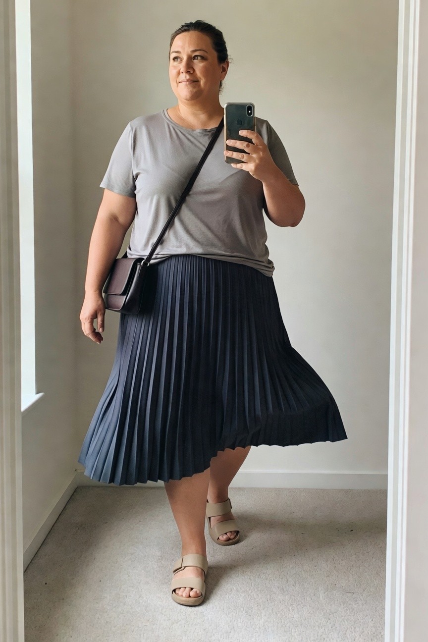 Woman in gray top and navy pleated skirt taking a mirror selfie.