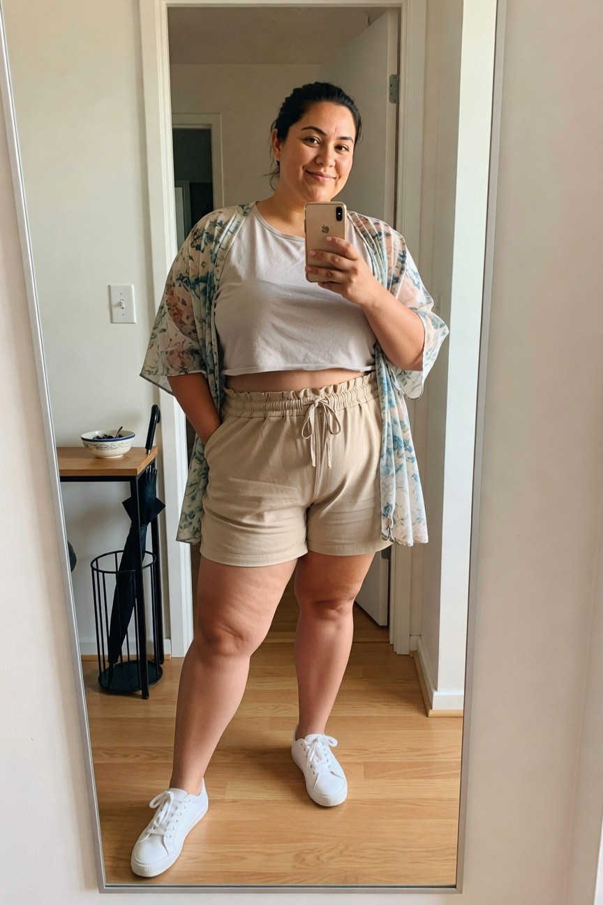 Woman in beige shorts and floral kimono taking a mirror selfie.