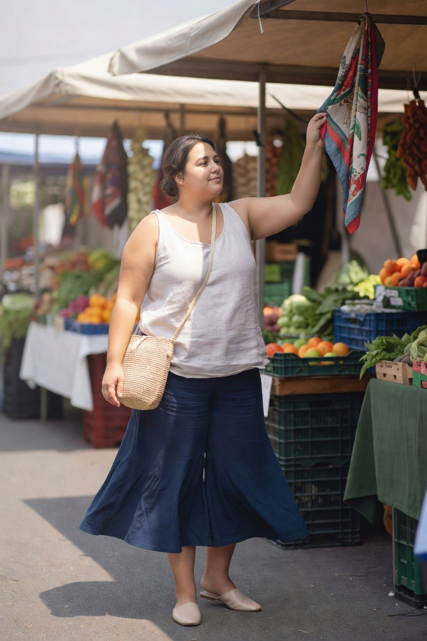 Woman in white tank top and blue skirt reaches for scarf at market.