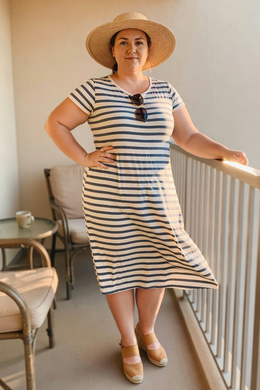 Woman in striped dress and straw hat standing on sunny balcony.