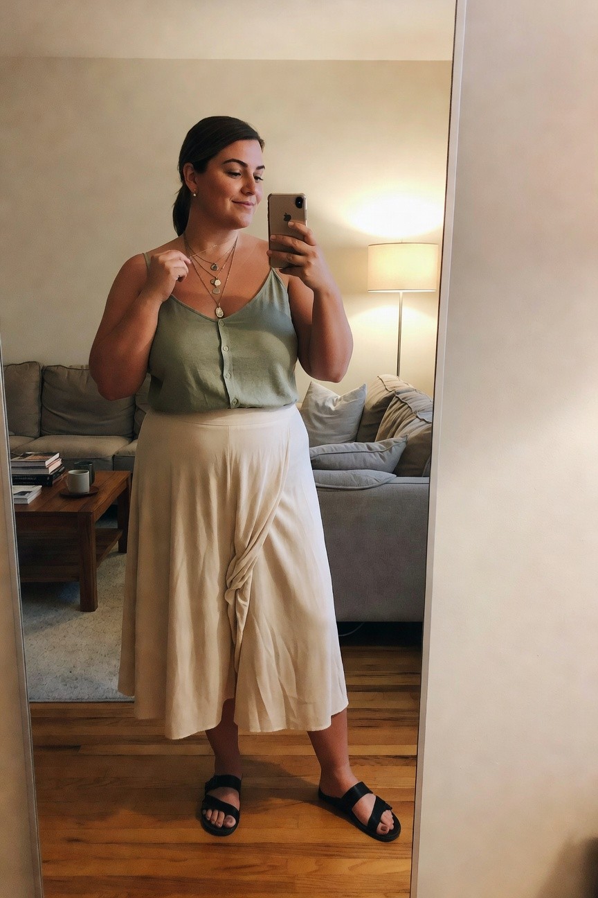 Woman in sage green top and beige wrap skirt taking mirror selfie.