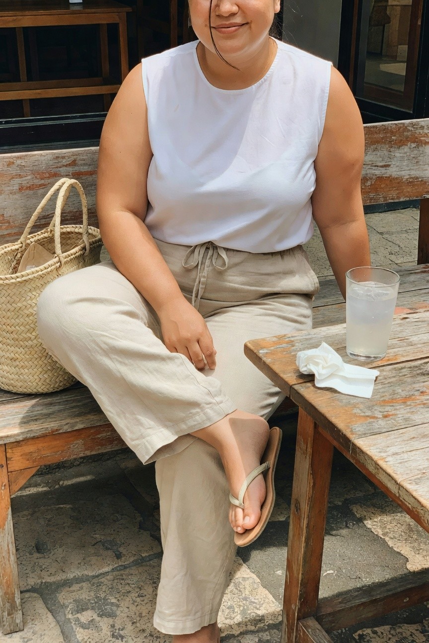 Woman in white top and beige pants seated on a wooden bench with a woven bag.
