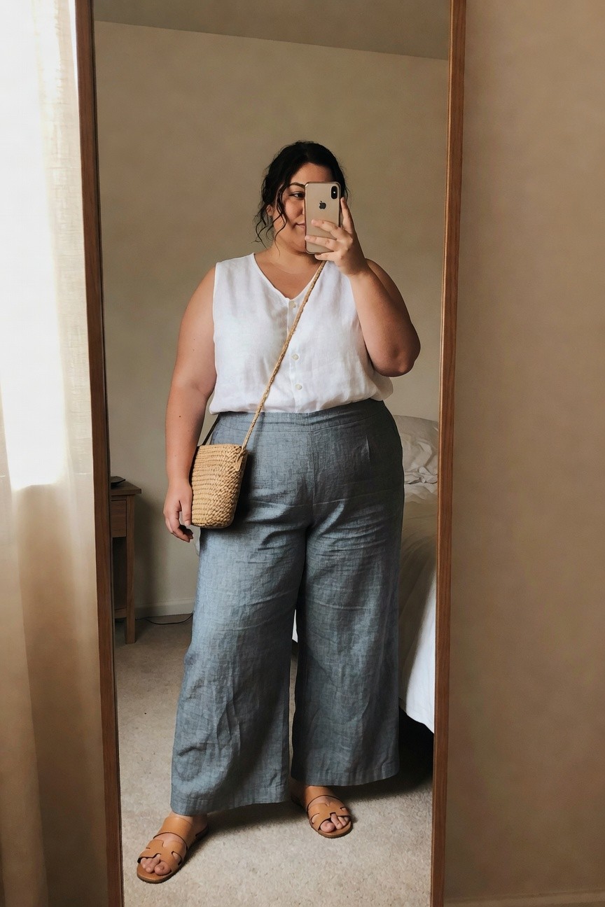 Woman in white top and gray linen pants taking a mirror selfie.