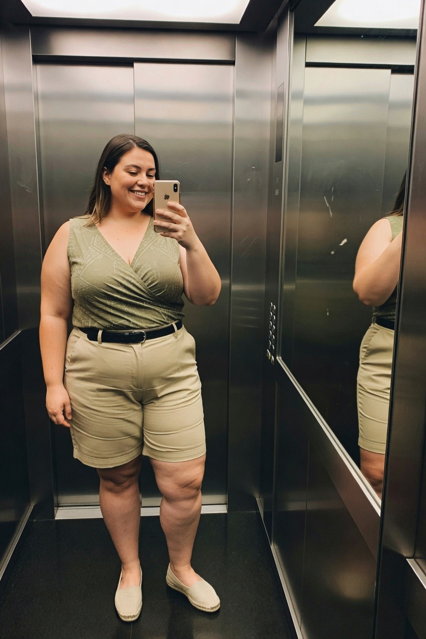 Woman in olive top and beige shorts taking mirror selfie in elevator.