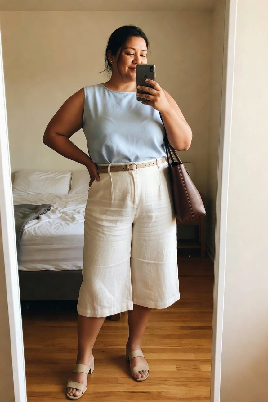 Woman in light blue top and white wide-leg shorts taking a mirror selfie.