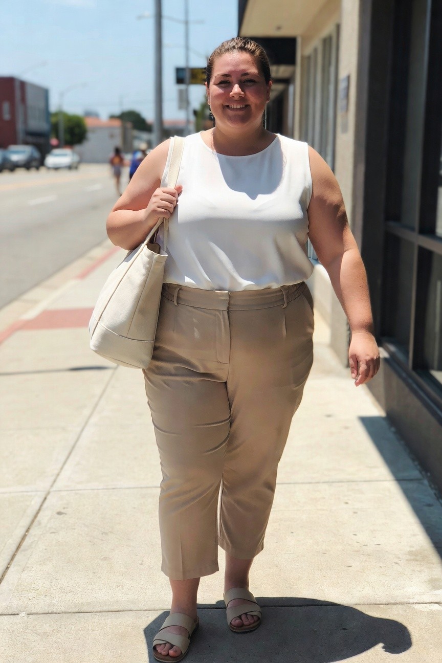 Smiling woman in white top and beige pants carrying a beige tote bag on sidewalk.