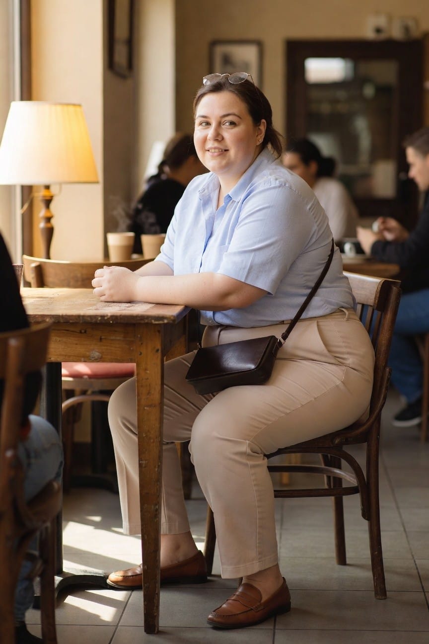 Woman in light blue shirt and beige pants seated in cafe.