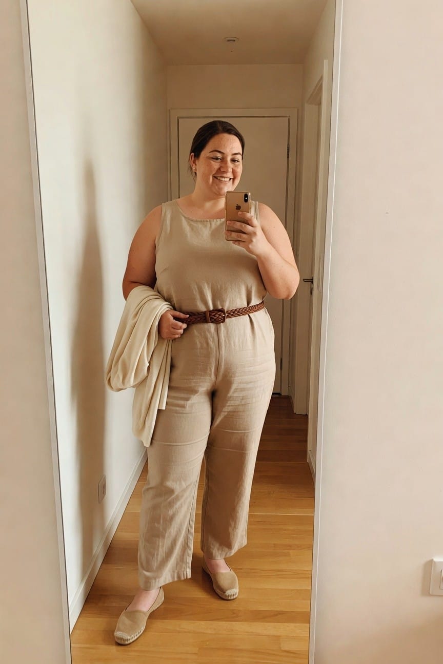 Woman in beige linen outfit holding phone, smiling in hallway mirror.